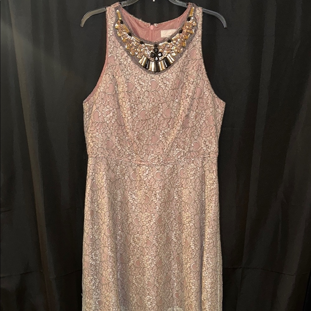 Adrianna Papell Pink and Gold Sequin Halter Midi Dress